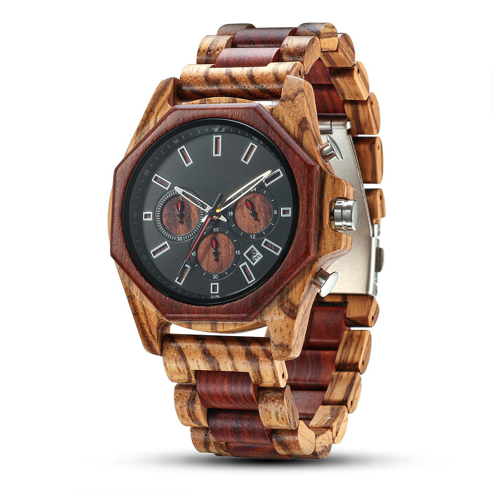 Men's Handcrafted Wooden Chronograph Watch | Zebra & Red Sandalwood Two-Tone Band | Octagonal Case, Roman Numerals & Date Display | Eco-Friendly Luxury Timepiece