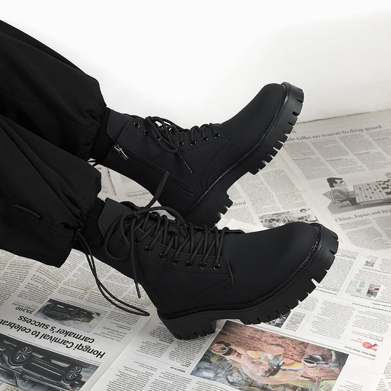 Black Combat Boots Men Women Lace Up Side Zip Platform Military Ankle Boots Matte Leather Tactical Boots