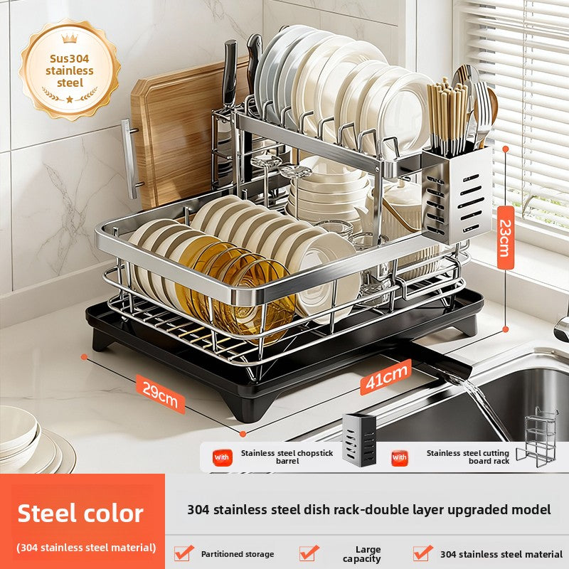 2-Tier Dish Drying Rack with Drainage | Large Capacity Kitchen Organizer with Cutting Board, Knife & Chopstick Holder | Countertop Dish Drainer