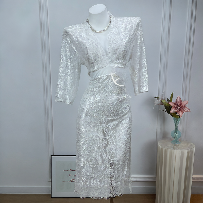 Women's Black Floral Vine Lace Maxi Dress Sexy Deep V Neck Long Sleeve High Slit See-Through Nightgown Lingerie Gown