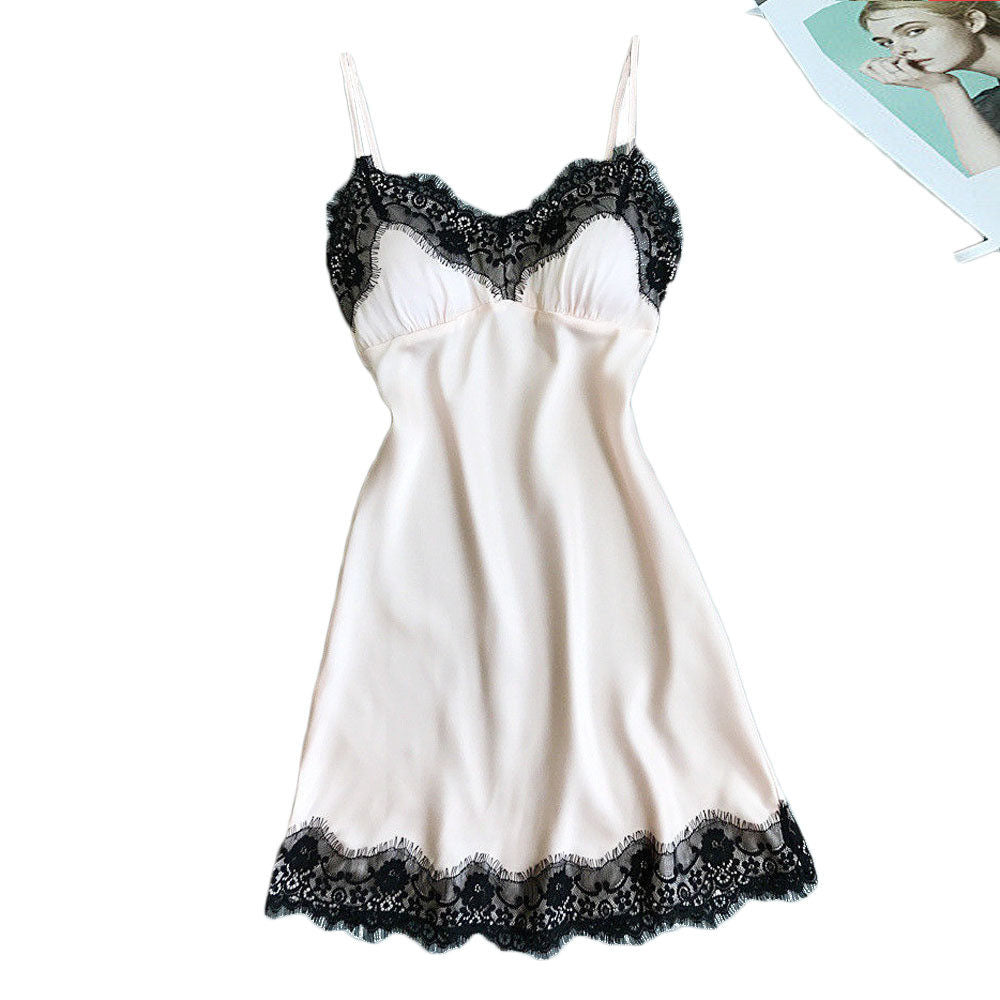 Women's Burgundy Satin Black Eyelash Lace Trim Slip Nightgown Sexy V Neck Sleeveless A-Line Mini Sleep Dress Chemise