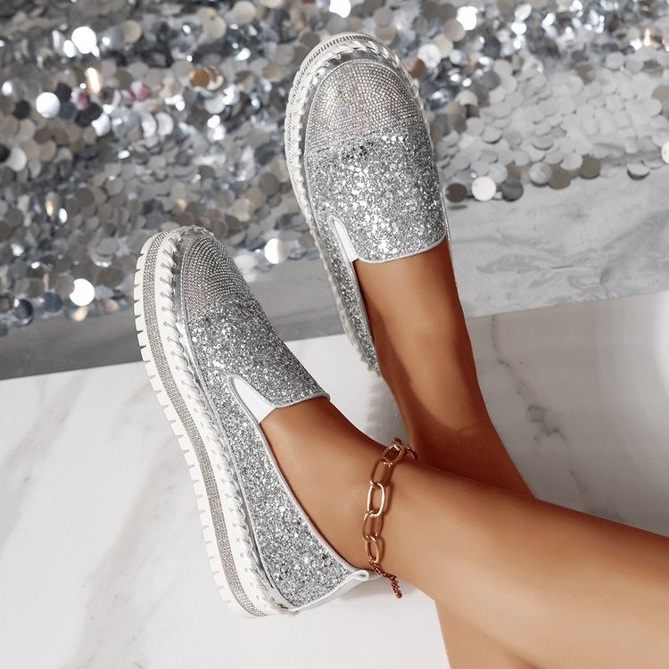 Rose Gold Glitter Rhinestone Platform Slip-On Sneakers for Women | Sequin Sparkle Flatform Loafer Shoes | Crystal Embellished Chunky Sole Casual Shoes | Glamorous Everyday Sneakers