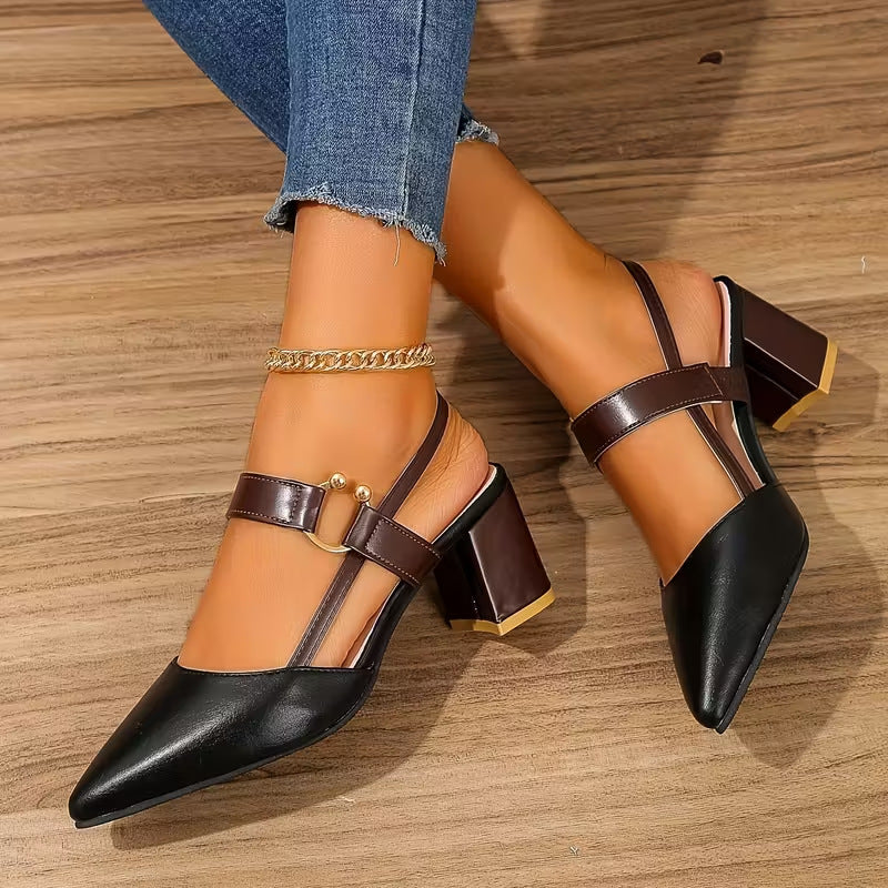 Leopard Print Pointed Toe Slingback Block Heel Pumps with Gold Chain Ankle Detail & T-Bar Strap | Bold Fashion Heels for Women