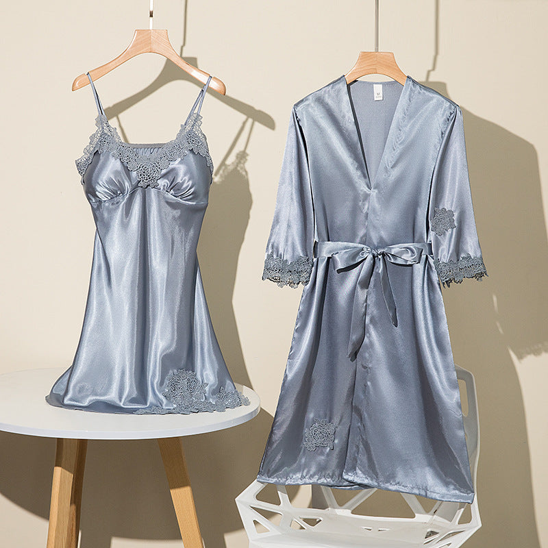Women's Wine Red Satin Lace Trim 2 Piece Nightgown and Robe Set Sexy V Neck Slip Dress with Belted Dressing Gown Sleepwear