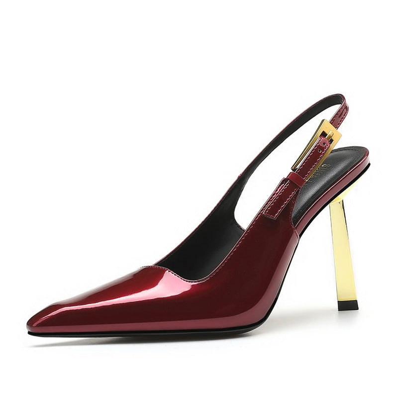 Black Patent Leather Pointed Toe Slingback Pumps with Gold Blade Metal Heel & Gold Buckle | Luxury Designer Heels for Women