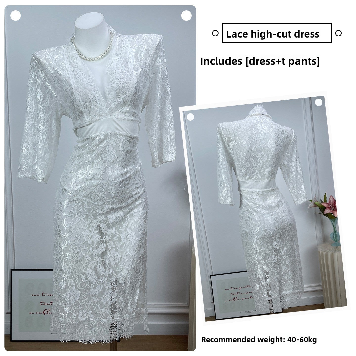 Women's Black Floral Vine Lace Maxi Dress Sexy Deep V Neck Long Sleeve High Slit See-Through Nightgown Lingerie Gown
