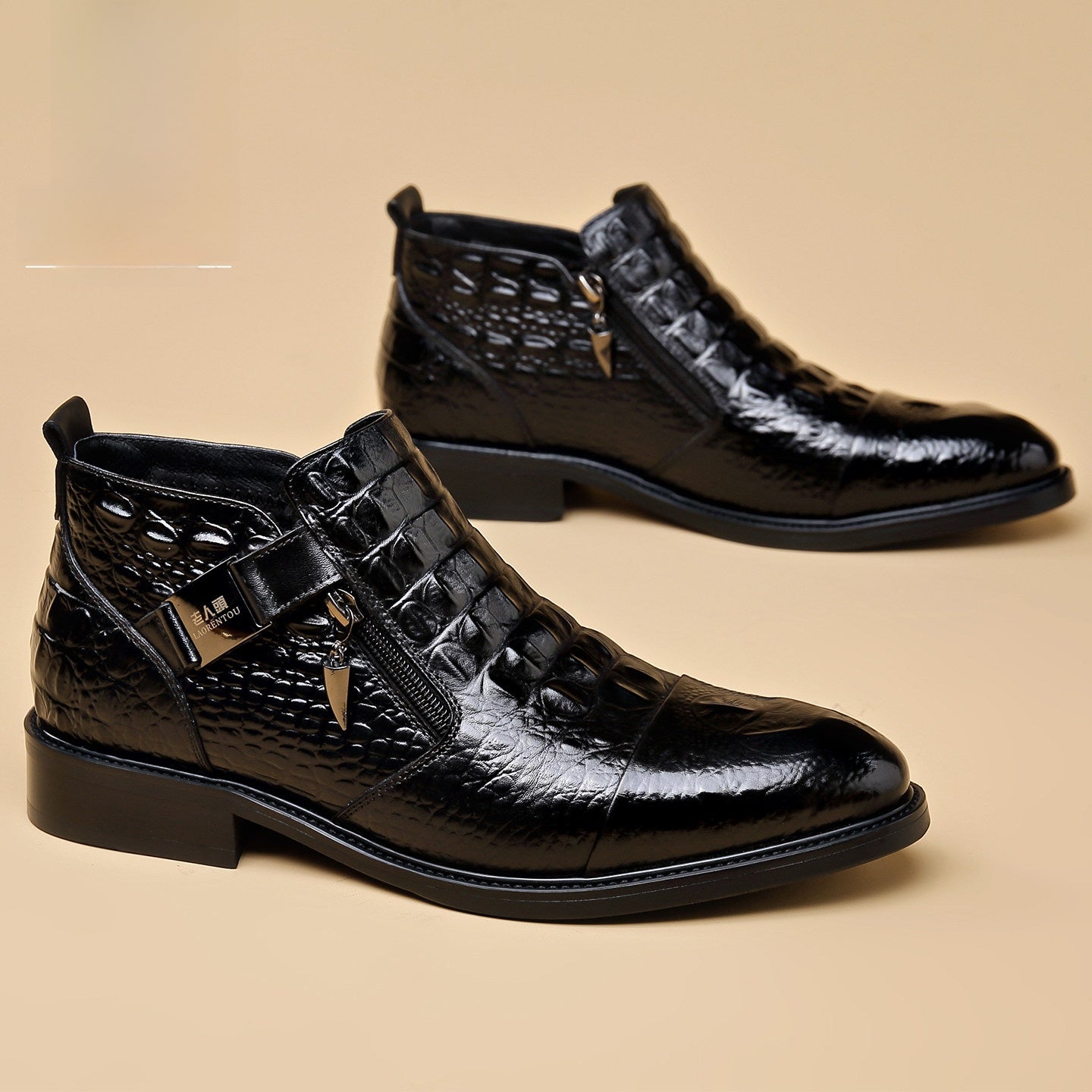 Men's Brown Croc Embossed Monk Strap Zip Ankle Dress Boots