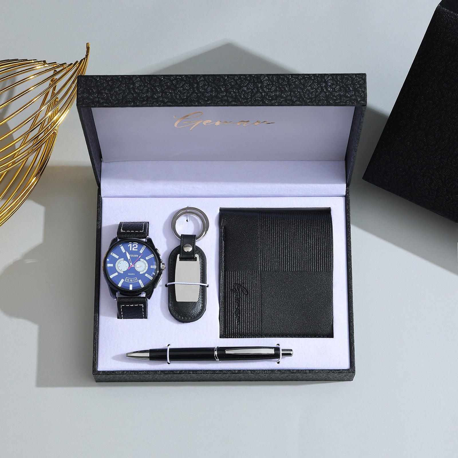 Geman Men's Luxury Gift Set – 6-Piece Black Leather Belt, Wallet, Watch, Bracelet, Keychain & Pen Box Set | Premium Men's Gift