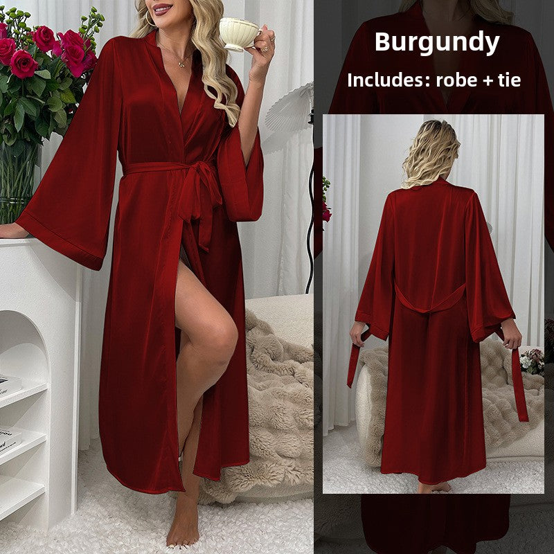 Women's Black Satin Maxi Robe with Belt Sexy Deep V Neck Flared Sleeve Floor Length Dressing Gown Kimono Sleepwear