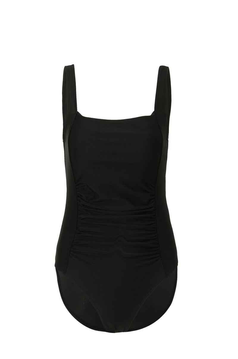 Black Ruched One-Piece Swimsuit | Square Neck Wide Strap Tummy Control Swimwear | Slimming Monokini for Women