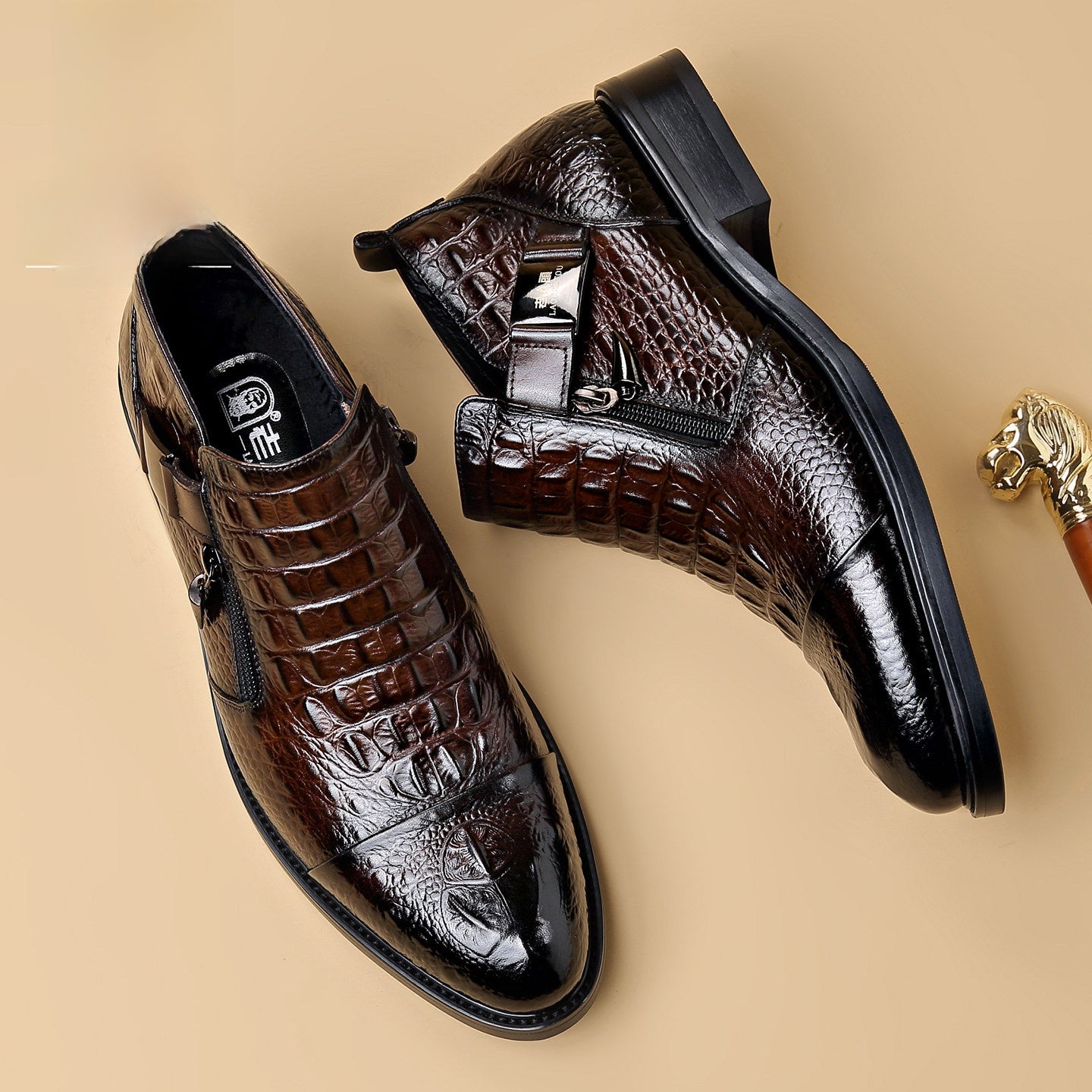 Men's Brown Croc Embossed Monk Strap Zip Ankle Dress Boots