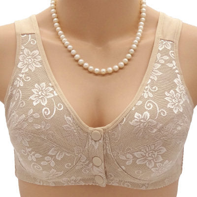 Women's Front Closure Floral Lace Wireless Bra | Wide Strap Full Coverage Snap Button Bra | Comfort Bra for Seniors