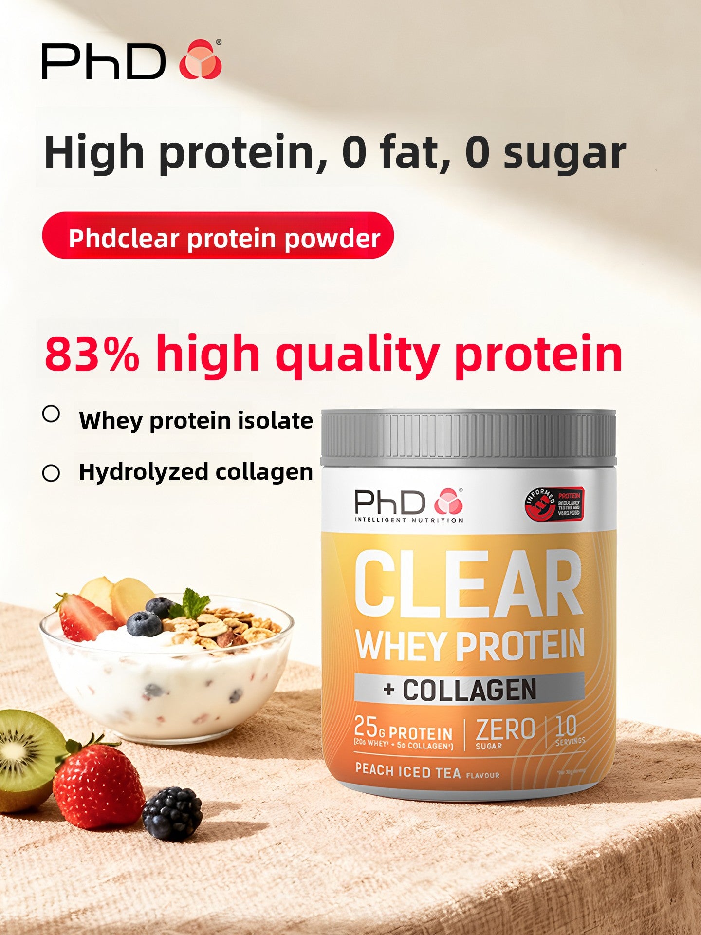 PhD Clear Whey Protein + Collagen Powder - Blueberry Flavor, 25g Protein, Zero Sugar, 10 Servings | Informed Sport Certified