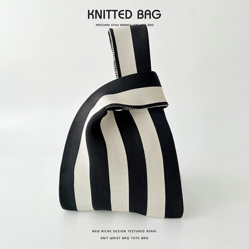 Black & White Geometric Knit Tote Bag | Aztec Pattern Wrist Handle Handbag | Boho Crochet Style Women's Bag