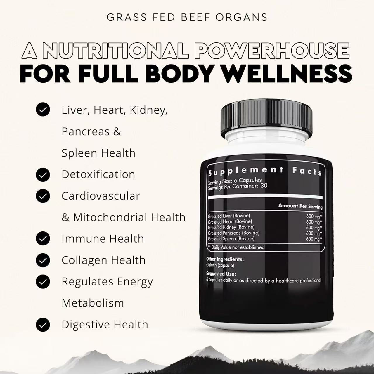 Grassfed Beef Organs Supplement | 180 Capsules 500mg | Pasture Raised New Zealand & Australia | Non-GMO, Hormone Free, No Fillers ? Ancestral Superfood