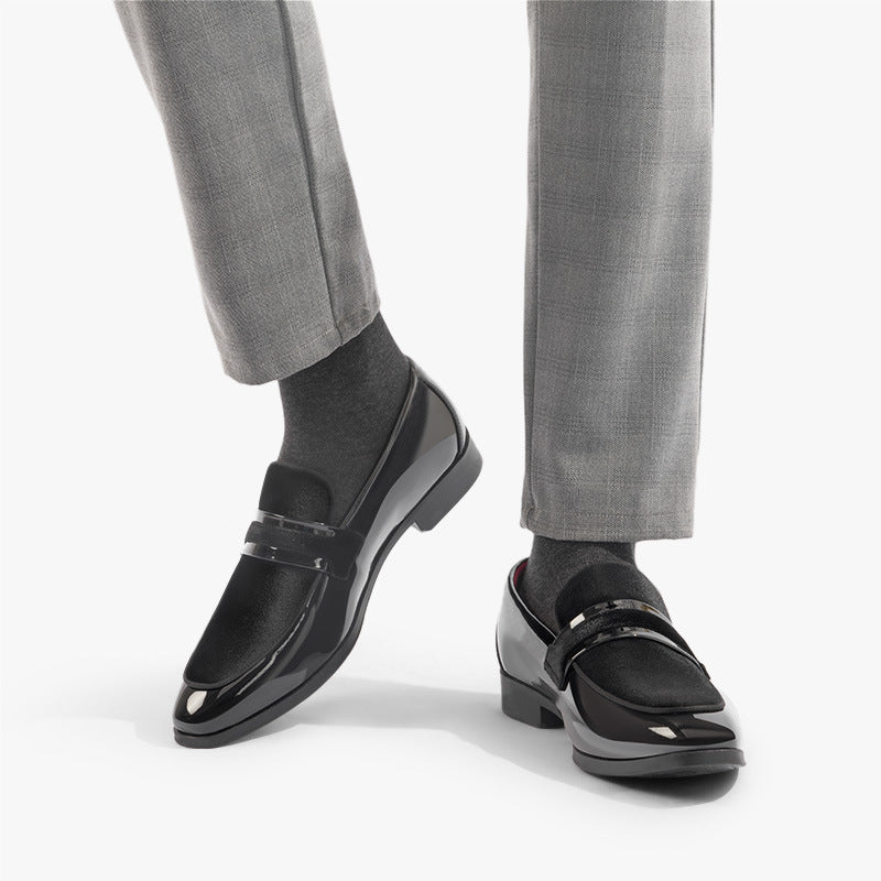 Men's Black Patent Leather & Velvet Loafers | Red Lining Silver Bar Strap Luxury Formal Dress Shoes
