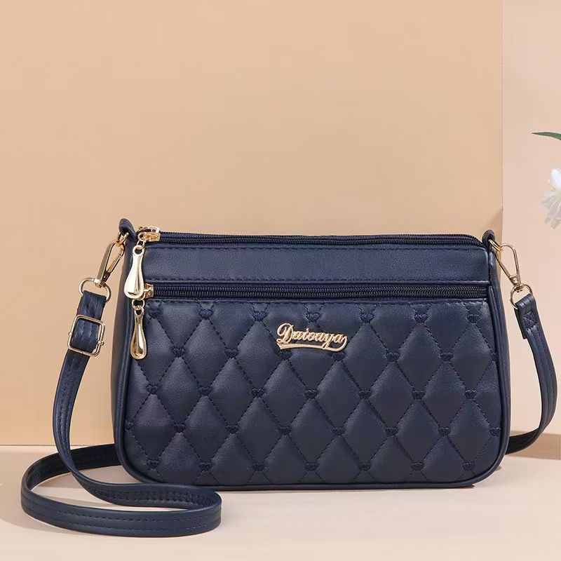 Navy Blue Quilted Crossbody Bag - Diamond Pattern Shoulder Bag with Double Zipper | Structured Small Purse with Gold Hardware