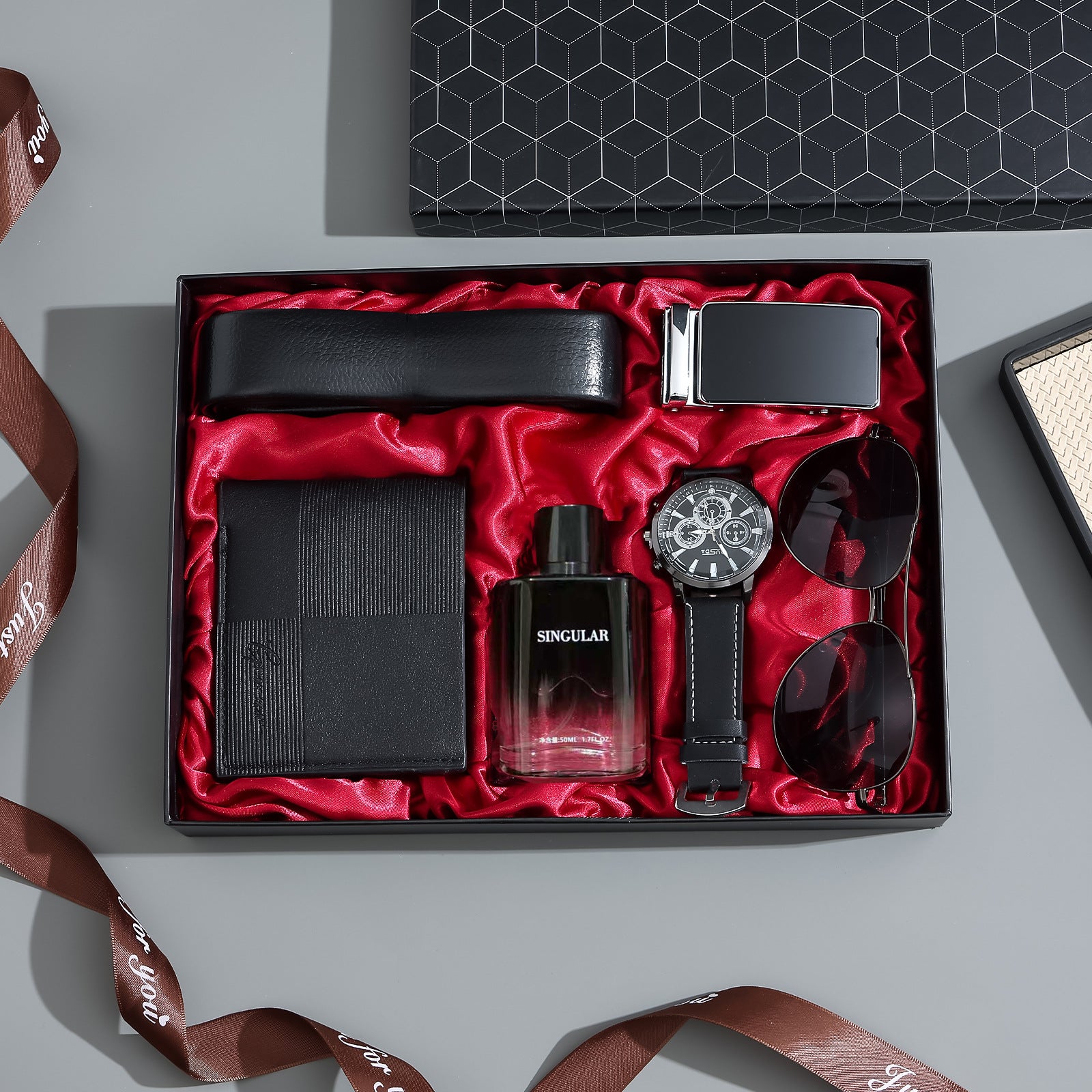 Geman Men's Luxury Gift Set – 6-Piece Black Leather Belt, Wallet, Watch, Bracelet, Keychain & Pen Box Set | Premium Men's Gift