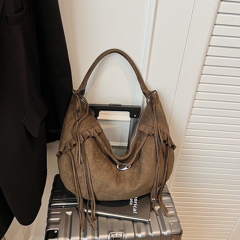Brown Suede Fringe Hobo Bag - Bohemian Slouchy Shoulder Bag with Tassel Details | Western Style Hobo with Silver Hardware