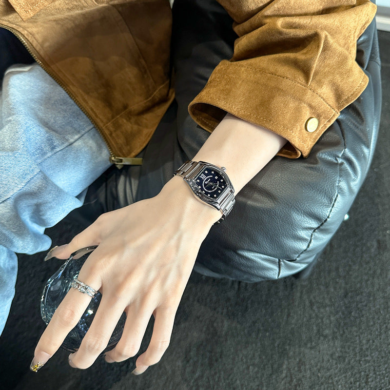 Dinimi Tonneau Watch Women | Black Starry Crystal Dial | CZ Diamond Markers Roman Numeral | Silver Case Black Leather Date Watch