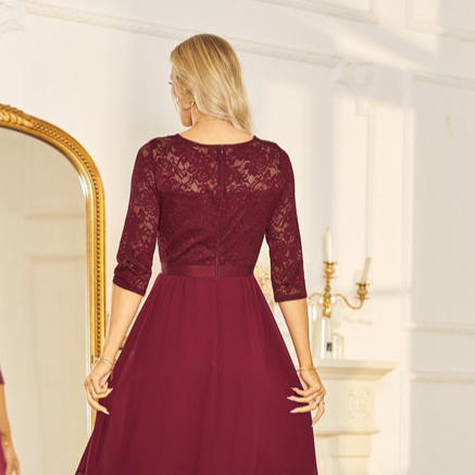 Burgundy Lace Chiffon Midi Dress | 3/4 Sleeve V-Neck Bridesmaid Wedding Guest Dress
