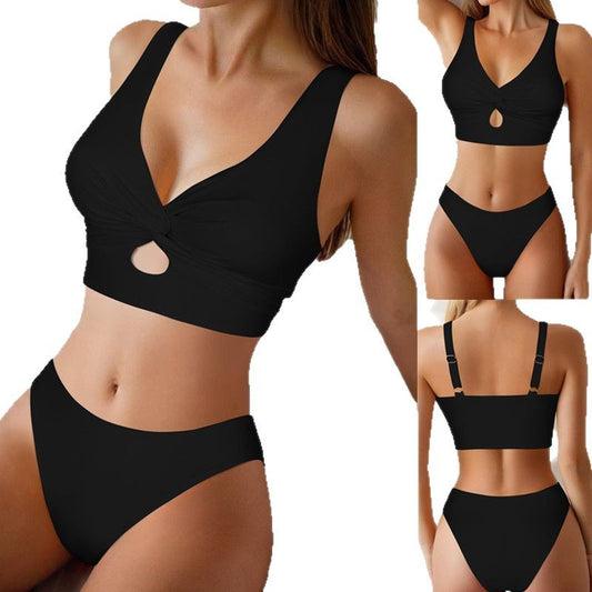 Black Keyhole Cutout Wide Strap Bikini Set | Deep V Crop Top & High Cut Cheeky Bottoms | Sporty Chic Tummy Control Two Piece Swimsuit Women