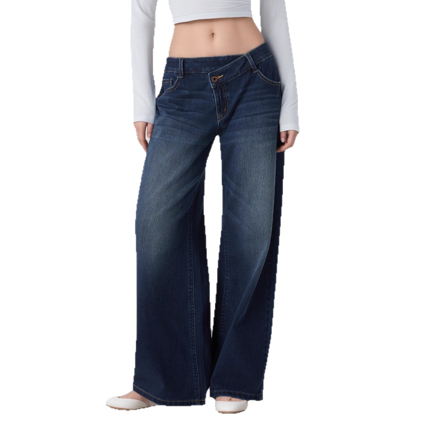 Jeans larghi a vita bassa da donna lavaggio chiaro | Pantaloni di jeans ampi con vita a V