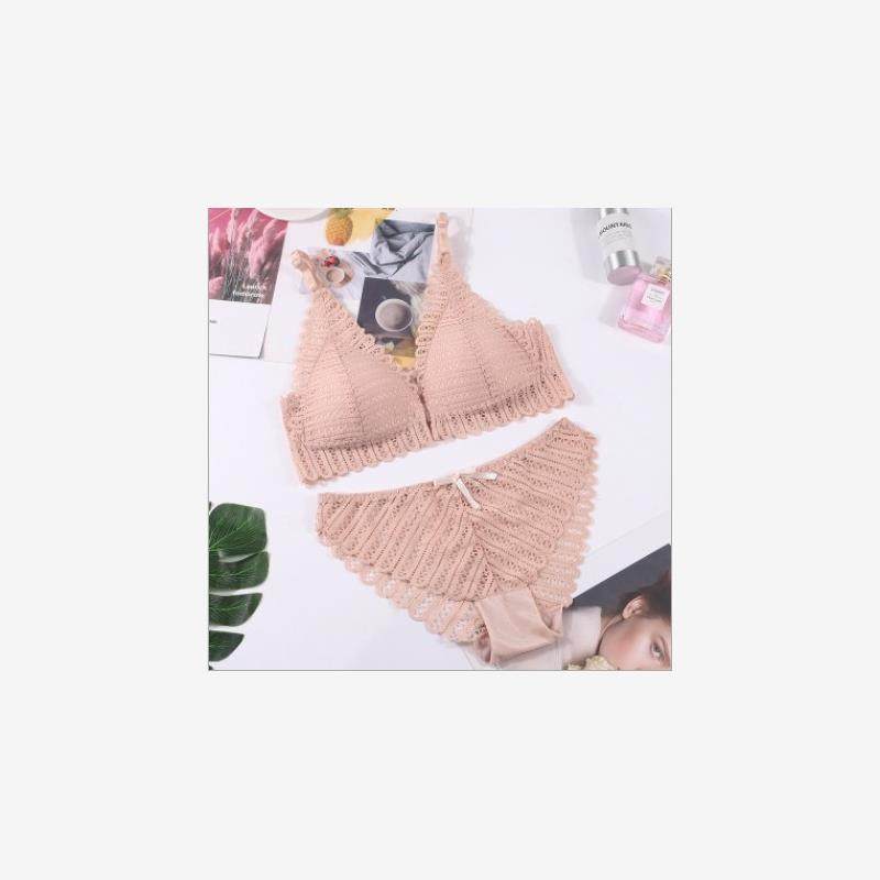 Women's Boho Crochet Lace Bralette & Panty Set ? Sexy V-Neck Scallop Trim Matching Lingerie Set in Nude & Navy