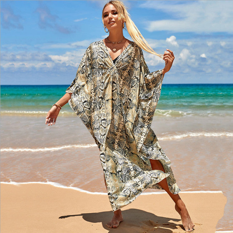 Kaftano lungo stampato da mare | Abito boho oversize con maniche a pipistrello e scollo a V | Copricostume da bagno da donna con fantasia tie-dye, zebrata o a foglie tropicali, in stili diversi