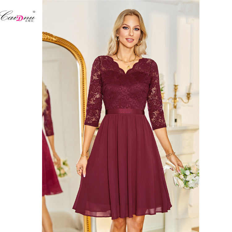 Burgundy Lace Chiffon Midi Dress | 3/4 Sleeve V-Neck Bridesmaid Wedding Guest Dress