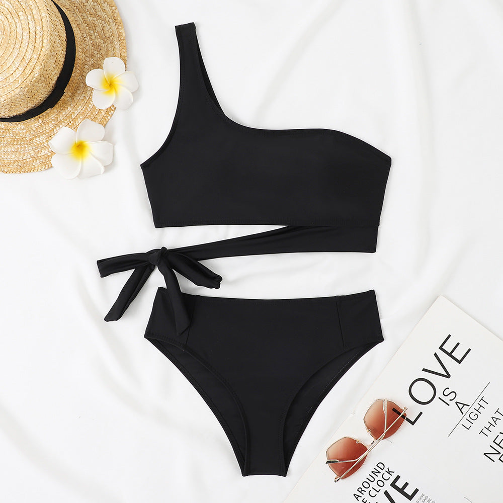 Olive Green One Shoulder Bikini Set, Wrap Tie Crop Top & High Waist Bottom, Women Solid Asymmetric Swimwear, Chic Resort Beach Swimsuit, Sage Green Two Piece Bathing Suit