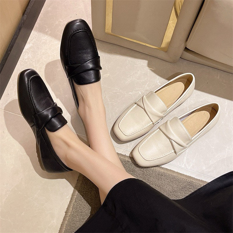 Cream Leather Square Toe Penny Loafers for Women | Minimalist Slip-On Flat Loafer Shoes | Ivory White Casual Everyday Loafers | Quiet Luxury Flat Shoes