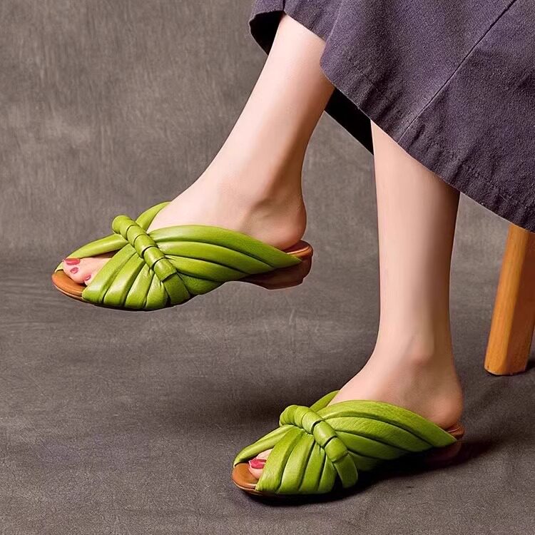 Damen-Sandalen mit geflochtenem Knoten | Offene Pantoletten – Beigefarbene Sommerschuhe in Lederoptik für Damen 