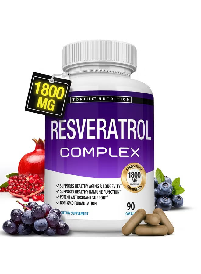Toplux Nutrition Resveratrol Complex 1800mg Set of 2 | 2x90 Capsules Anti-Aging Antioxidant Immune Support Non-GMO