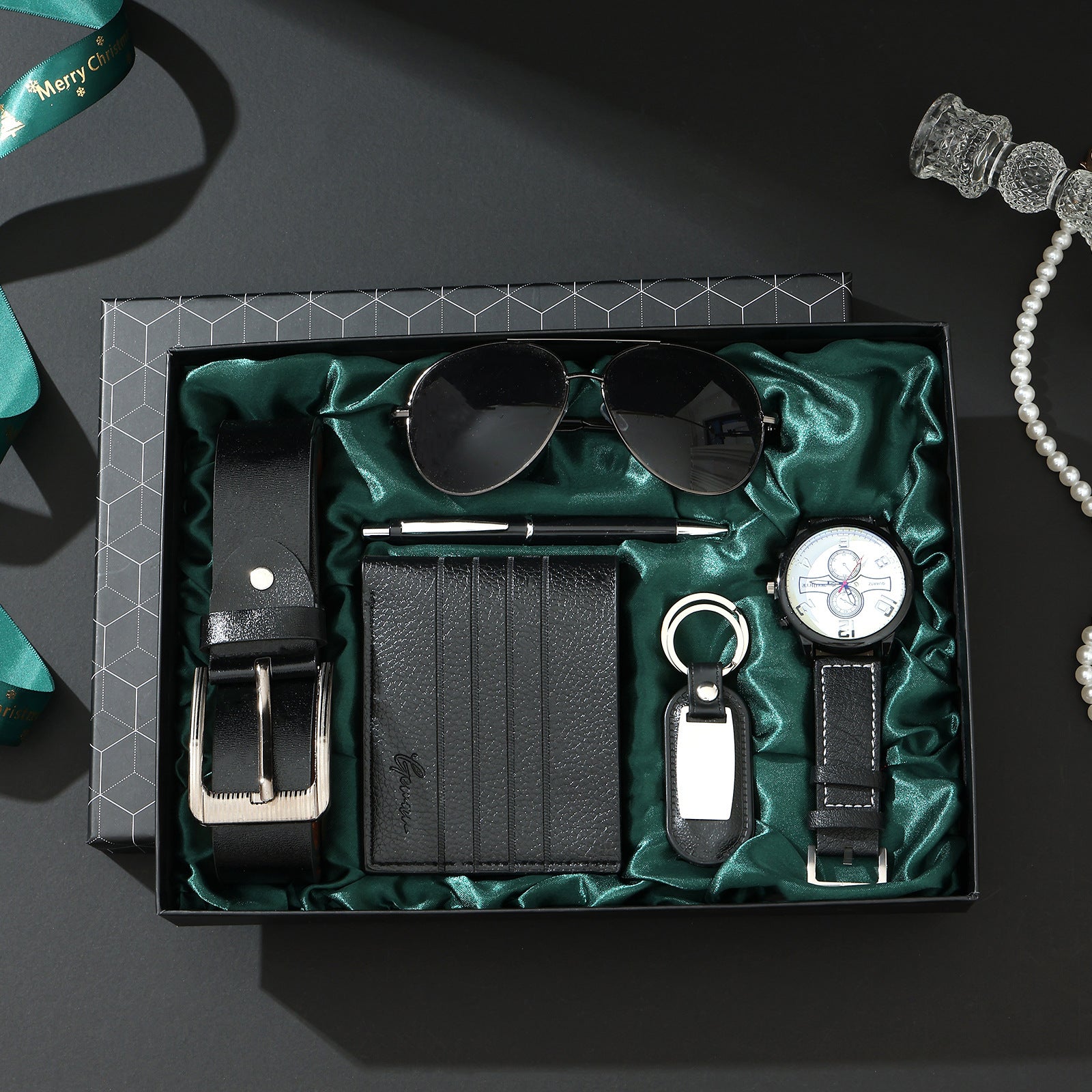 Geman Men's Luxury Gift Set – 6-Piece Black Leather Belt, Wallet, Watch, Bracelet, Keychain & Pen Box Set | Premium Men's Gift