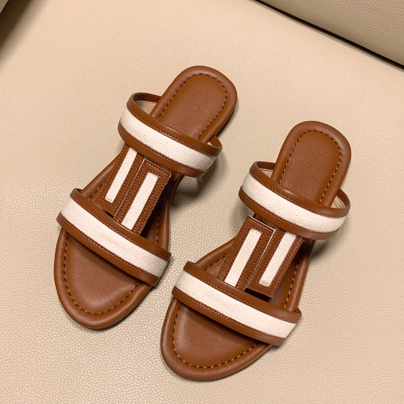 an Brown & White Canvas H-Strap Flat Sandals | Leather Trim Two-Tone Slip-On Mule Sandals for Women