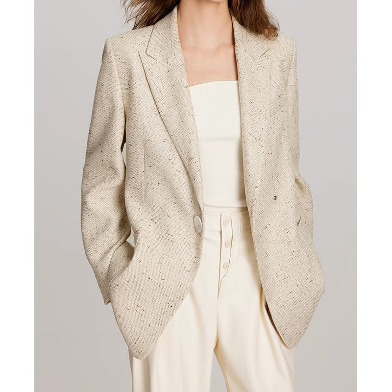 Women's Beige Tweed Linen Blazer | Single Button Notch Lapel Jacket | Smart Casual Office Coat