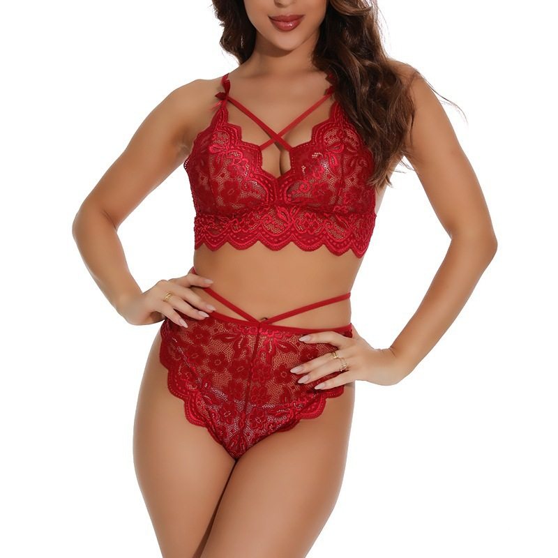 Women's Black Floral Lace Strappy Cross Bralette & High Waist Panty Set ? Sexy 2-Piece Scallop Trim Lingerie Set
