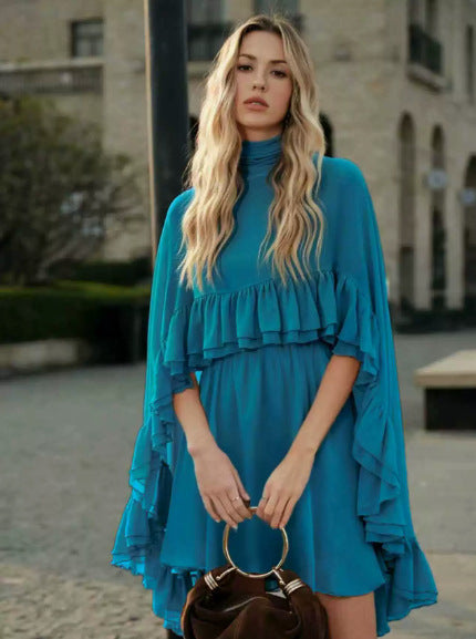 Brown Chiffon Ruffle Mini Dress | Mock Neck Long Sleeve Tiered Ruffle Flowy Short Dress for Women