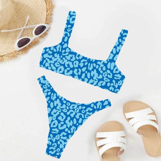 Colorful Leopard Print Bikini Set, Square Neck Crop Top & High Cut Bottom, Women Two Piece Swimwear, Multi Color Animal Print Swimsuit, Beach Vacation Bathing Suit