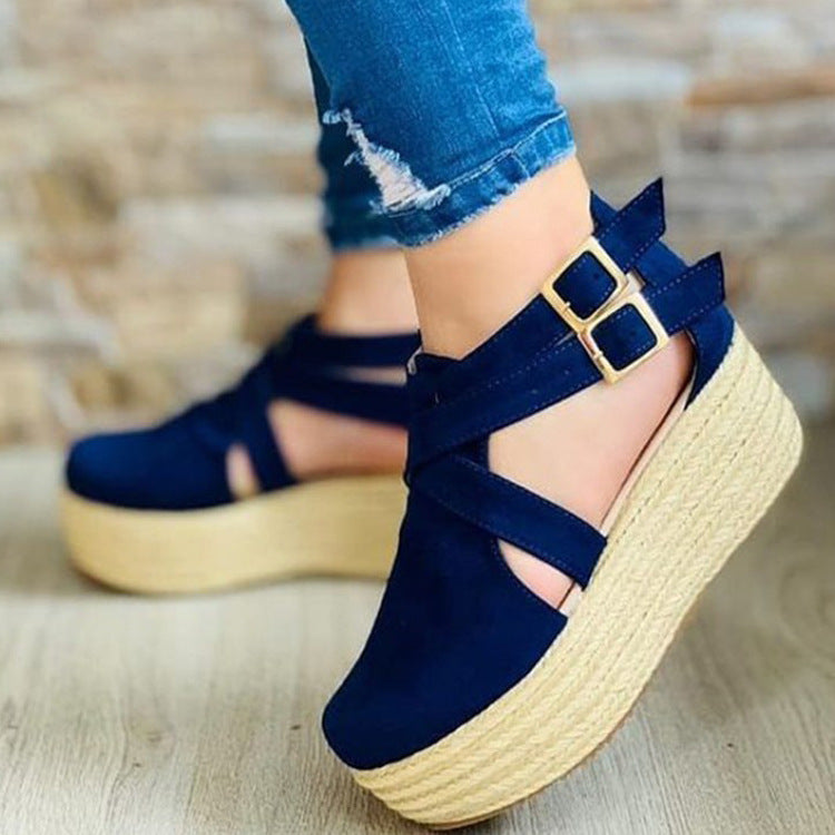 Tan Brown Suede Cross Strap Espadrille Platform Sandals for Women | Double Buckle Ankle Strap Wedge Flatform Sandals | Boho Rope Sole Summer Sandals | Casual Chic Platform Wedge Shoes