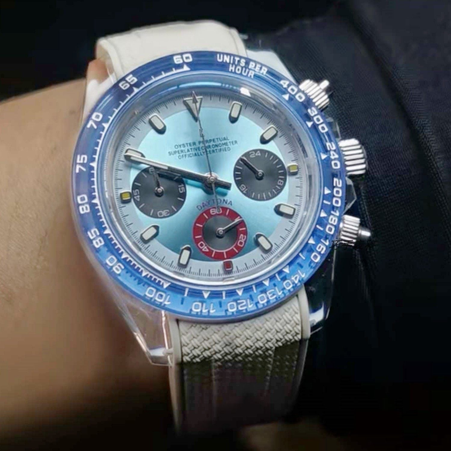 Men's Ice Blue Chronograph Watch | Daytona Style Black Ceramic Tachymeter Bezel 904L Steel Oyster Bracelet | Racing Sport Timepiece