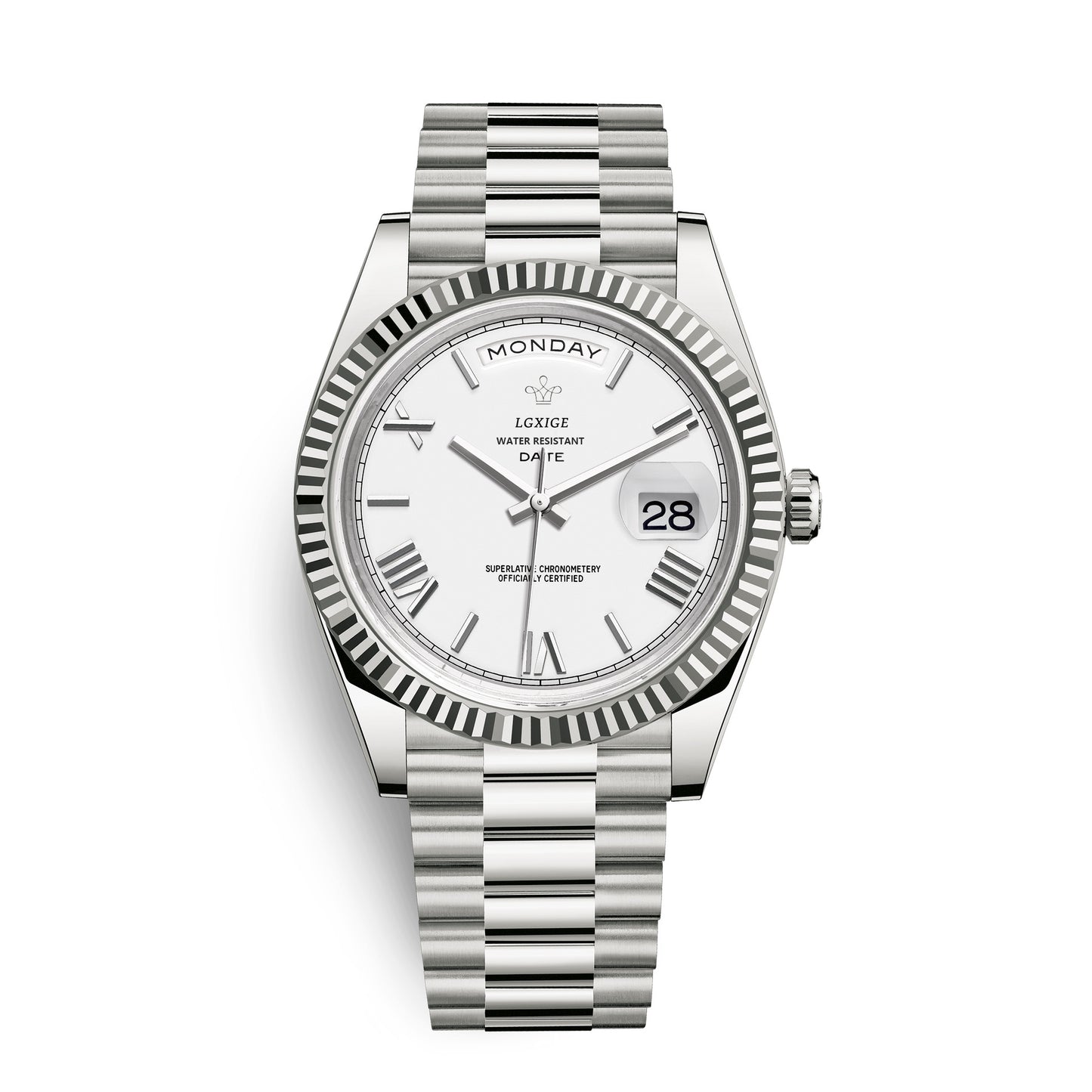 LGXIGE Men's Gold Day-Date Watch | Champagne Dial Fluted Bezel Presidential Bracelet Roman Numeral Luxury Watch
