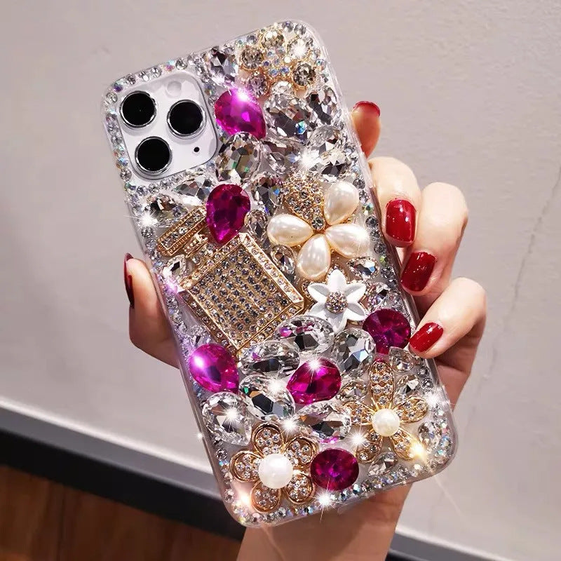 Luxury Bling Rhinestone Phone Case with Red Crystal Gems, Pearl Flowers & Perfume Bottle Design | Glitter Diamond Cover for iPhone