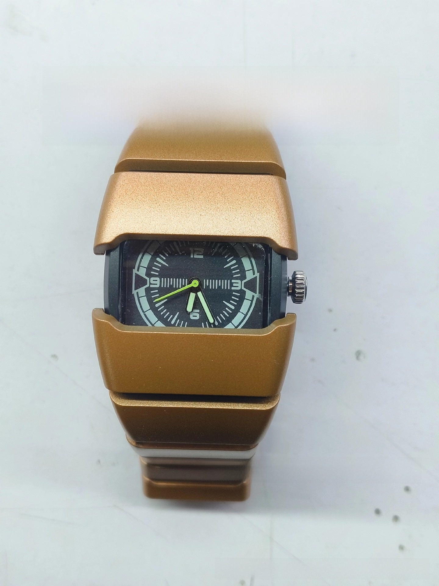 Men's Futuristic Wide Rectangular Watch | Matte Silver Aluminum Case Black Dial Neon Green Hands | Diesel Style Techwear Sport Timepiece