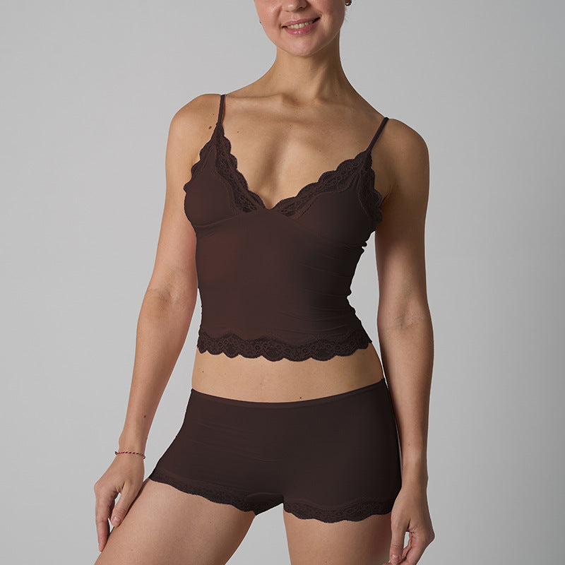Women's Black Lace Trim Cami Top and Shorts Set Comfortable Plus Size 2 Piece Scalloped Lace Loungewear Lingerie Set