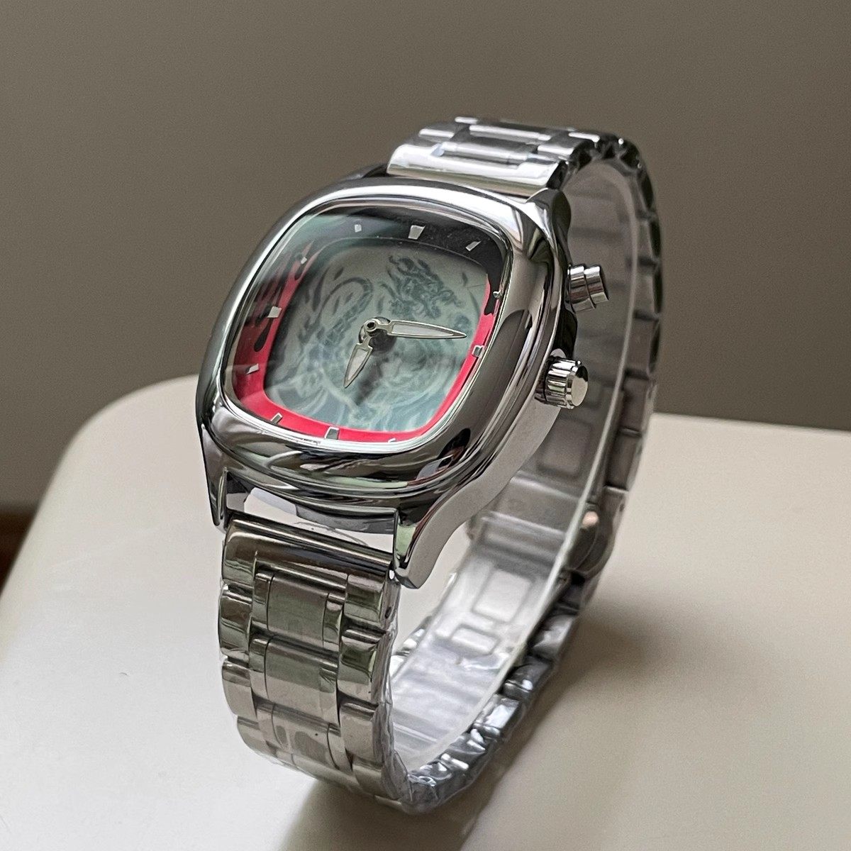 Men's Retro Cushion Square Watch | Red Grid Dial Domed Crystal Silver Stainless Steel Vintage Style Quartz Watch