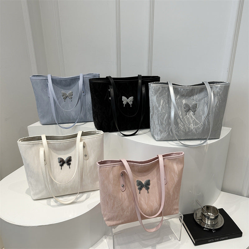 Pink Velvet Tote Bag with Butterfly Hardware - Soft Textured Shoulder Bag | Feminine Everyday Tote