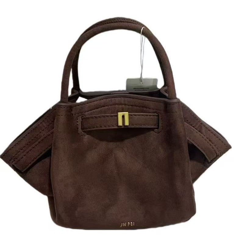 Borsa a mano strutturata in camoscio nero con design ad ala | Borsa tote trapezoidale