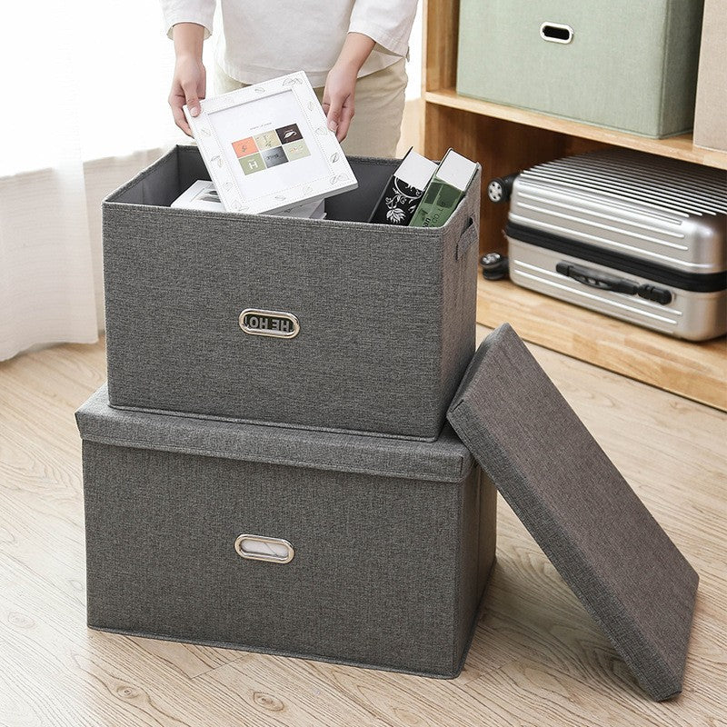 Navy Blue Linen Storage Box with Lid, Large Foldable Fabric Organizer Bin, Home Closet Bedroom Organization Box with Handles, Collapsible Toy Clothes Storage